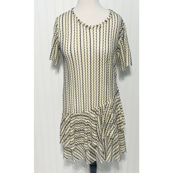 Zara W/B Dress Mesh Sheer Open Knit Unlined Ruffle Short Sleeve Cream Blue Small - Picture 1 of 12